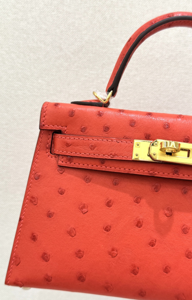 The Hermès Mini Kelly I (also known as the Kelly Pochette) Ostrich Leather Handbag is one of the brand's classic exotic leather models.