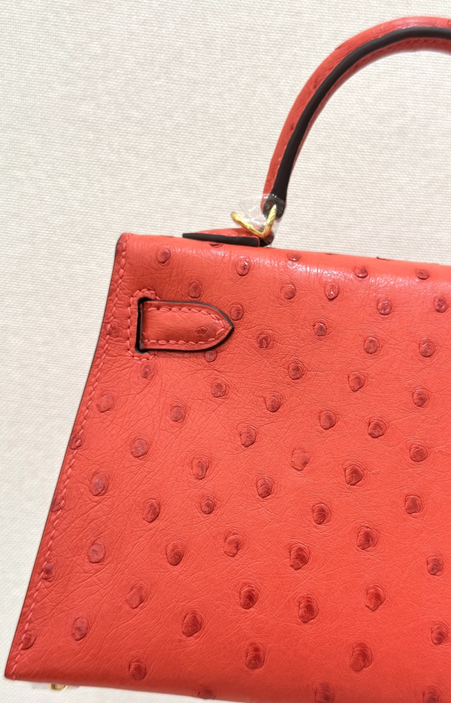 The Hermès Mini Kelly I (also known as the Kelly Pochette) Ostrich Leather Handbag is one of the brand's classic exotic leather models.