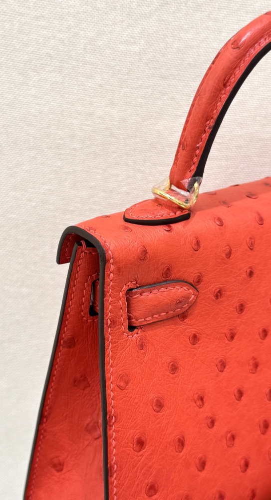 The Hermès Mini Kelly I (also known as the Kelly Pochette) Ostrich Leather Handbag is one of the brand's classic exotic leather models.
