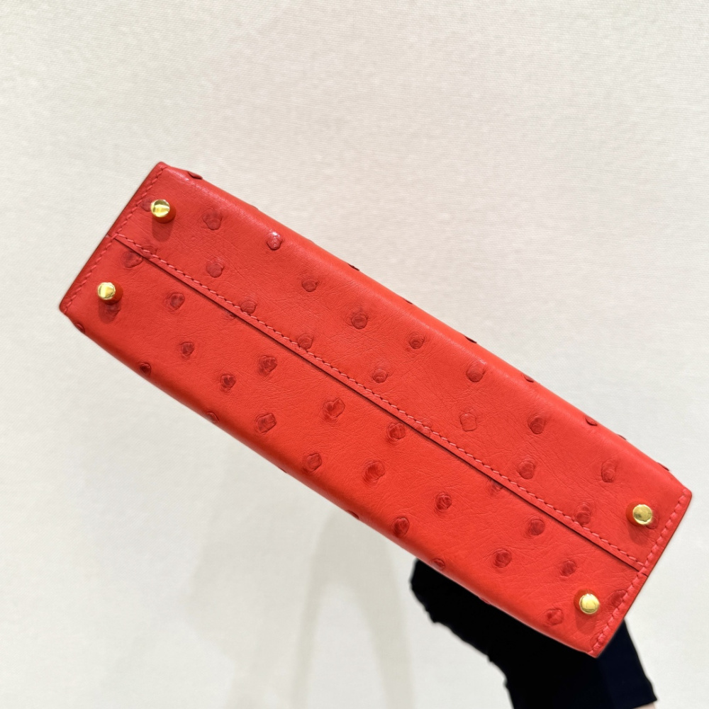 The Hermès Mini Kelly I (also known as the Kelly Pochette) Ostrich Leather Handbag is one of the brand's classic exotic leather models.