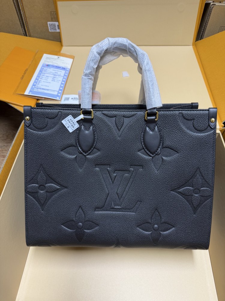 The Louis Vuitton Onthego MM tote bag, featuring an all-black version crafted from embossed Monogram Empreinte cowhide.
