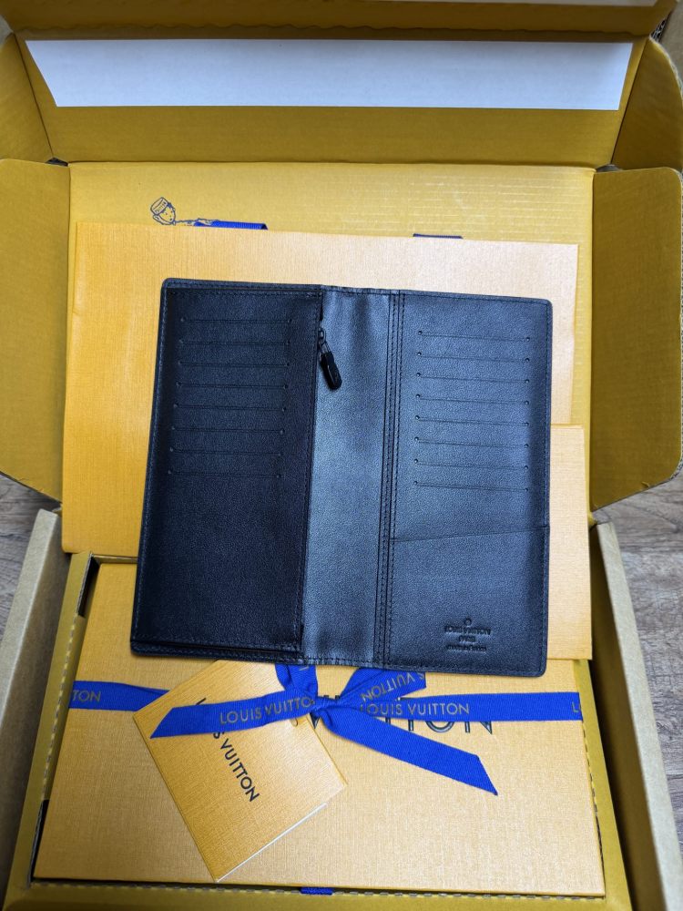 The Louis Vuitton LV Aerogram long bi-fold wallet is crafted from grained cowhide leather, a material specifically developed by the brand for men.