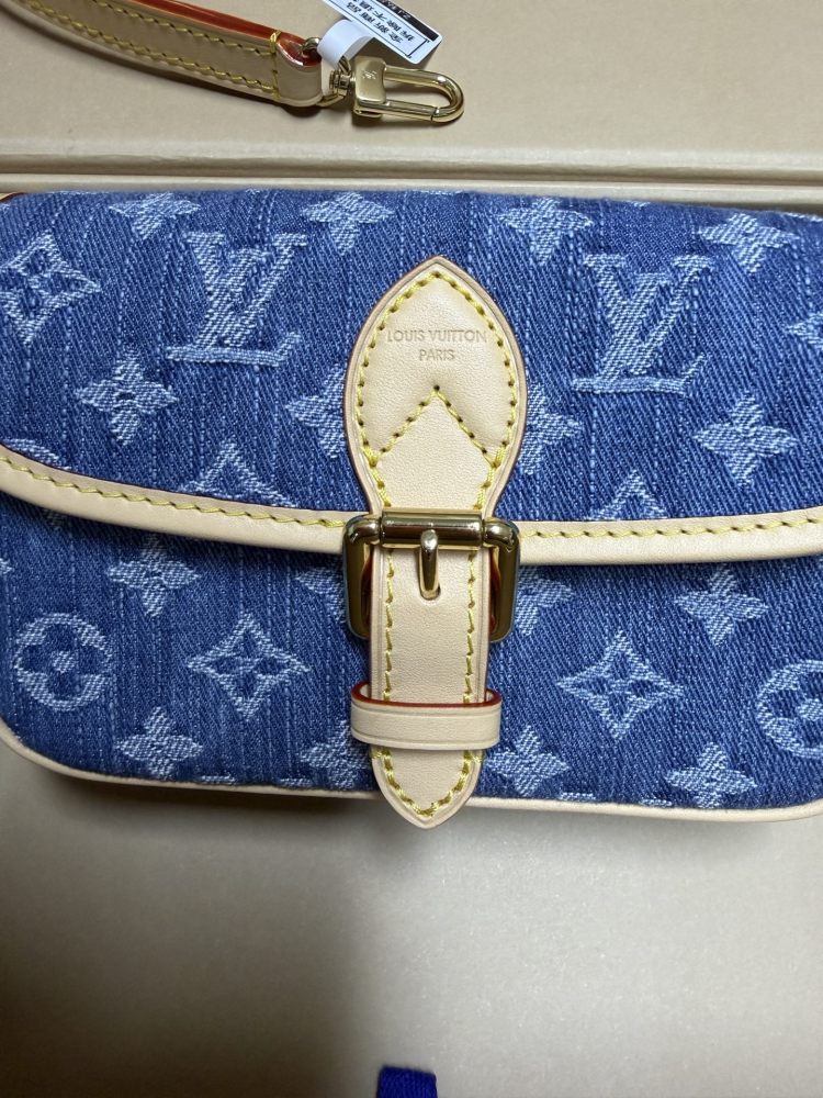 The Louis Vuitton Nano Diane mini baguette bag features the brand's iconic Monogram denim canvas.