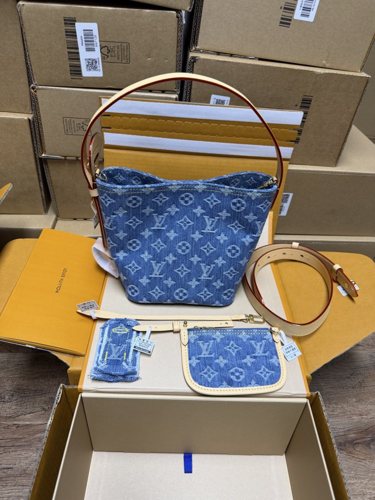The Louis Vuitton Nano Bucket bag features the Monogram Denim canvas—a highly popular material in recent years.
