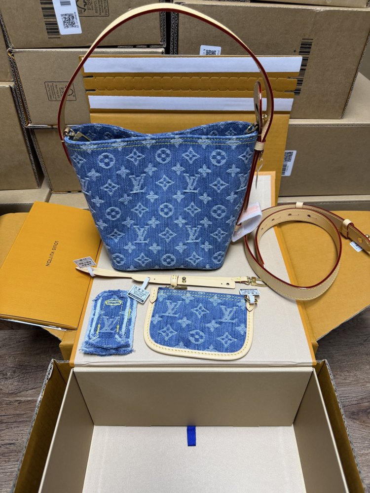 The Louis Vuitton Nano Bucket bag features the Monogram Denim canvas—a highly popular material in recent years.