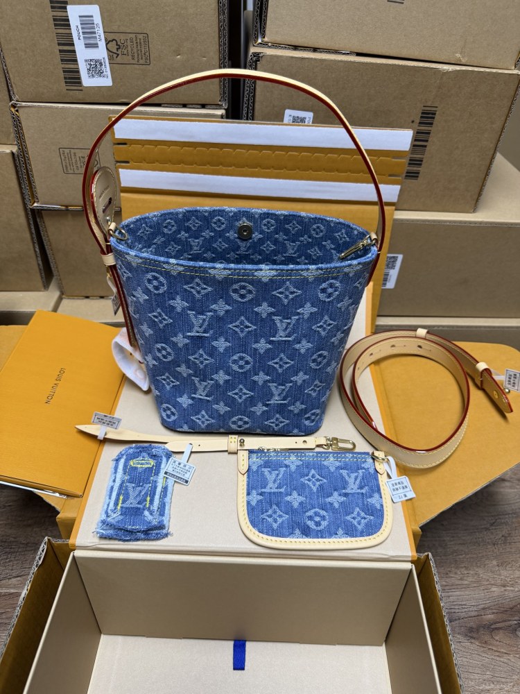 The Louis Vuitton Nano Bucket bag features the Monogram Denim canvas—a highly popular material in recent years.