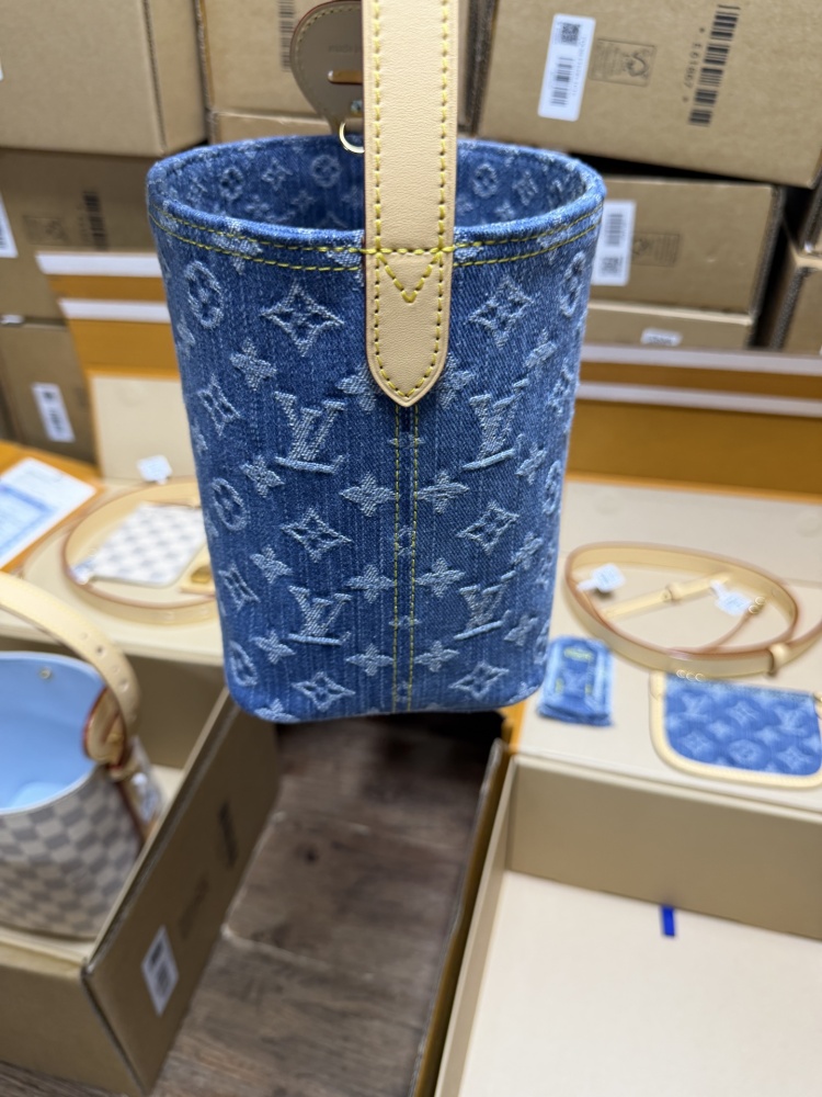 The Louis Vuitton Nano Bucket bag features the Monogram Denim canvas—a highly popular material in recent years.