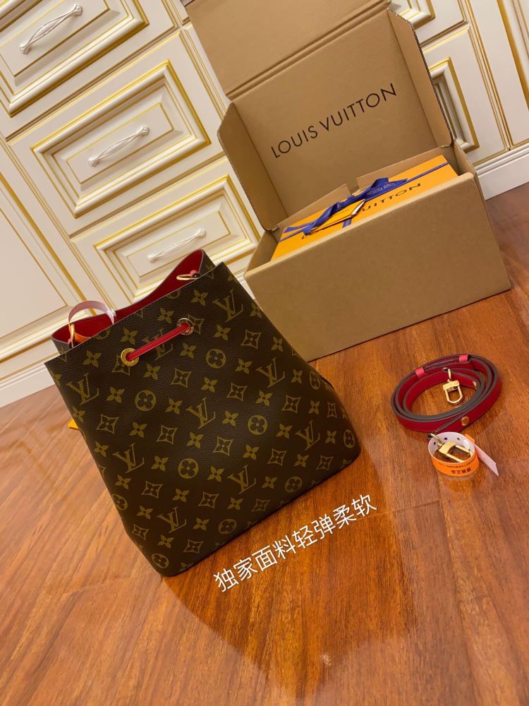 The Louis Vuitton NéoNoé MM bucket bag features the classic Monogram canvas, paired with a vibrant red lining and drawstring.