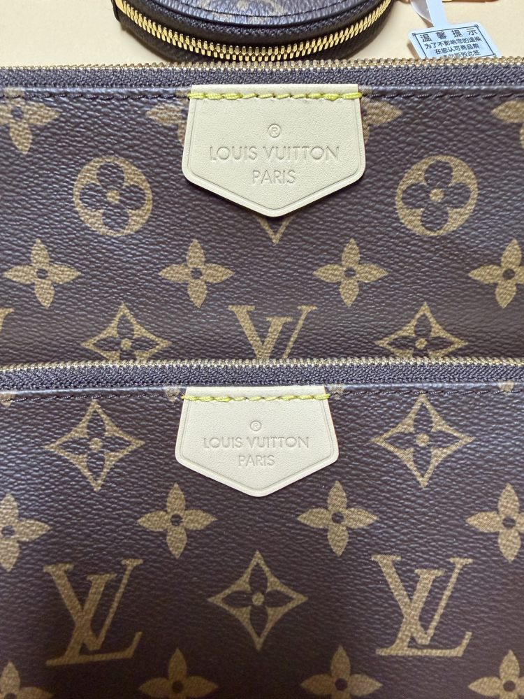 The Louis Vuitton Multi Pochette Accessoires features the brand's classic Monogram canvas, paired with a popular wide green shoulder strap.
