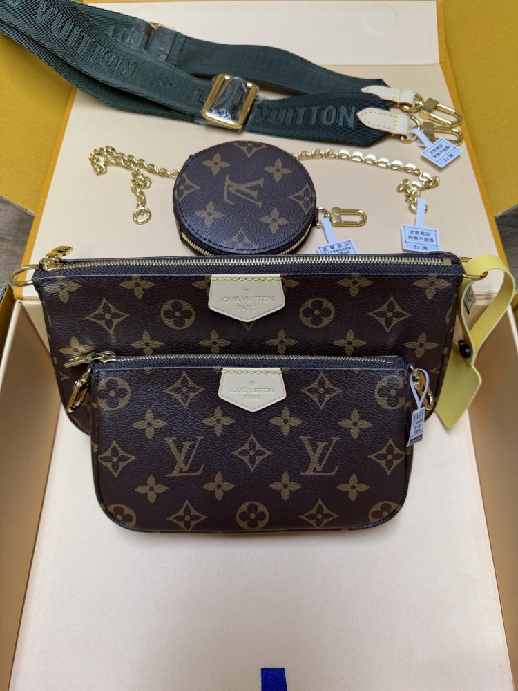 The Louis Vuitton Multi Pochette Accessoires features the brand's classic Monogram canvas, paired with a popular wide green shoulder strap.