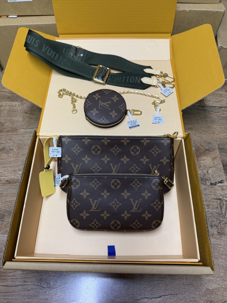 The Louis Vuitton Multi Pochette Accessoires features the brand's classic Monogram canvas, paired with a popular wide green shoulder strap.