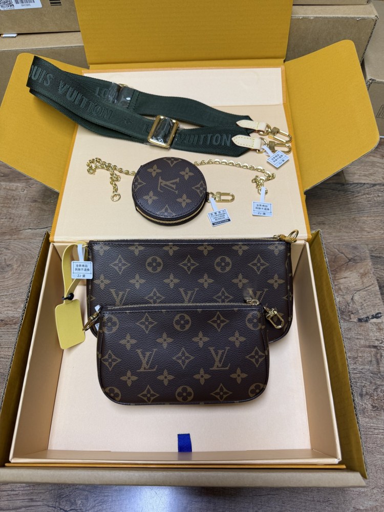 The Louis Vuitton Multi Pochette Accessoires features the brand's classic Monogram canvas, paired with a popular wide green shoulder strap.