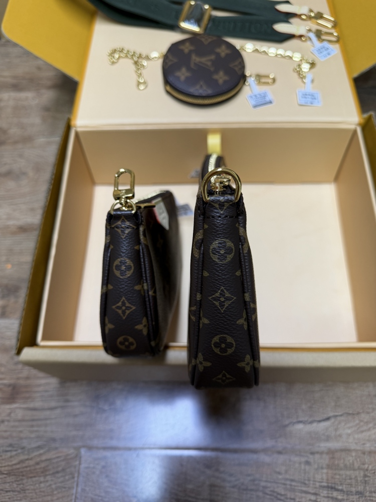 The Louis Vuitton Multi Pochette Accessoires features the brand's classic Monogram canvas, paired with a popular wide green shoulder strap.