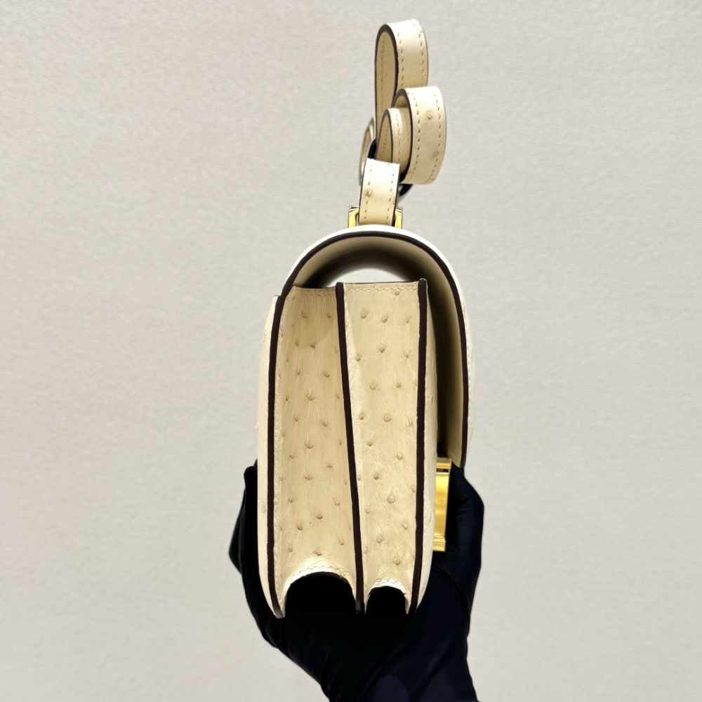 The Hermès Constance 19 handbag in ostrich leather—specifically in the Cream White / Wool White colorway paired with gold hardware—is one of the brand's iconic classics.