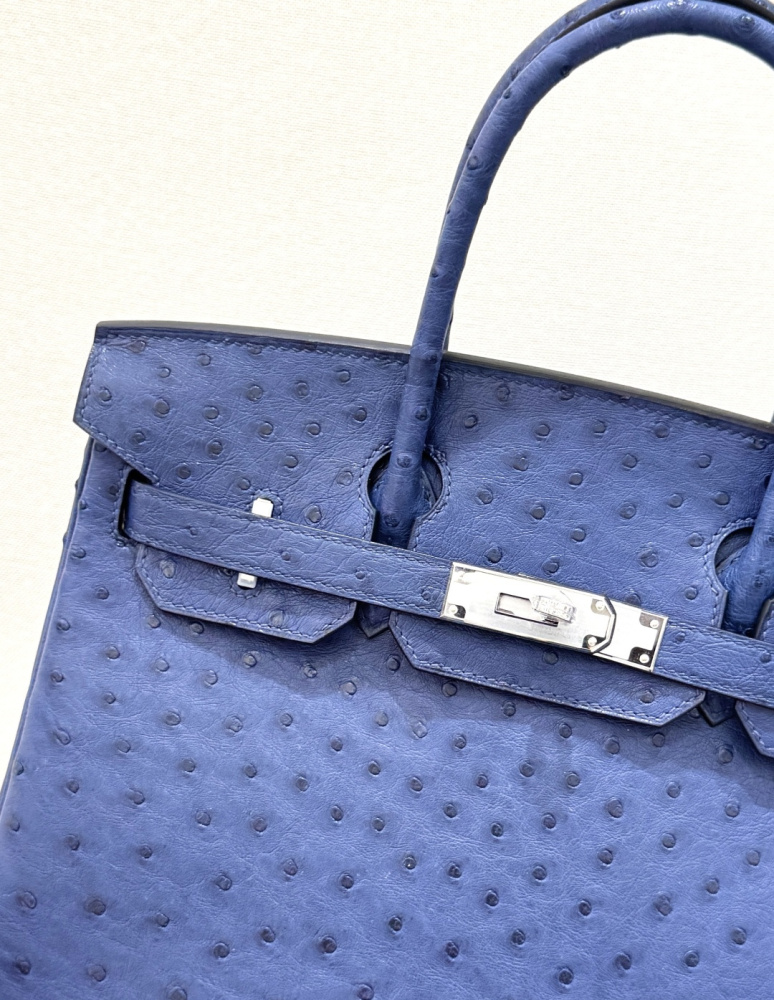 The Hermès Birkin 30 Ostrich Leather Handbag—featuring a Deep Sea Blue hue paired with silver hardware—stands as one of the brand's flagship models crafted from its most exclusive and rare leathers.