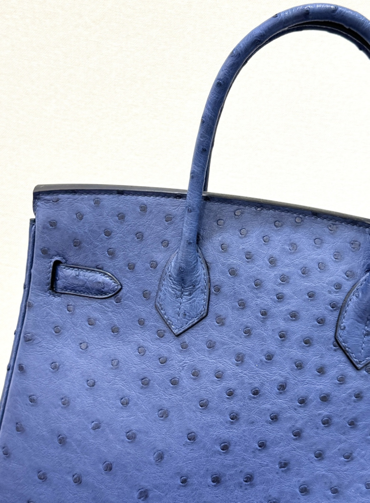 The Hermès Birkin 30 Ostrich Leather Handbag—featuring a Deep Sea Blue hue paired with silver hardware—stands as one of the brand's flagship models crafted from its most exclusive and rare leathers.