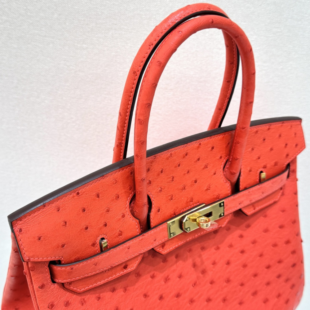 The Hermès Birkin 30 Ostrich Handbag—featuring a striking true red hue (reminiscent of tomato or flame red) paired with gold hardware—stands as one of the brand's most instantly recognizable and coveted flagship models crafted from exotic leather.
