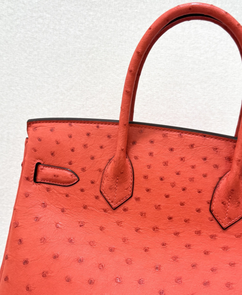 The Hermès Birkin 30 Ostrich Handbag—featuring a striking true red hue (reminiscent of tomato or flame red) paired with gold hardware—stands as one of the brand's most instantly recognizable and coveted flagship models crafted from exotic leather.