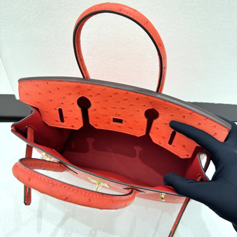 The Hermès Birkin 30 Ostrich Handbag—featuring a striking true red hue (reminiscent of tomato or flame red) paired with gold hardware—stands as one of the brand's most instantly recognizable and coveted flagship models crafted from exotic leather.