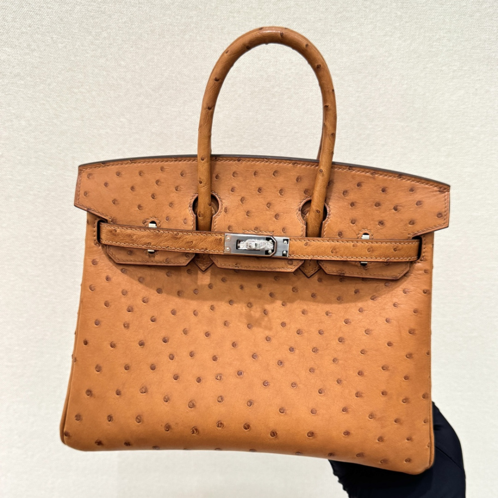 The Hermès Birkin 30 handbag in Ostrich leather—rendered in the "Gold" shade (also known as "Gold Brown" or "Caramel") and accented with silver hardware—is a classic model from the brand and a highly collectible, rare-skin edition.