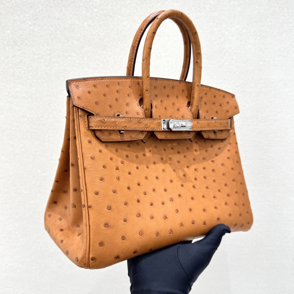 The Hermès Birkin 30 handbag in Ostrich leather—rendered in the "Gold" shade (also known as "Gold Brown" or "Caramel") and accented with silver hardware—is a classic model from the brand and a highly collectible, rare-skin edition.