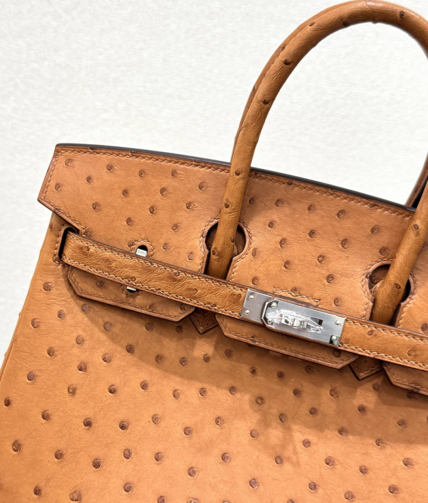 The Hermès Birkin 30 handbag in Ostrich leather—rendered in the "Gold" shade (also known as "Gold Brown" or "Caramel") and accented with silver hardware—is a classic model from the brand and a highly collectible, rare-skin edition.