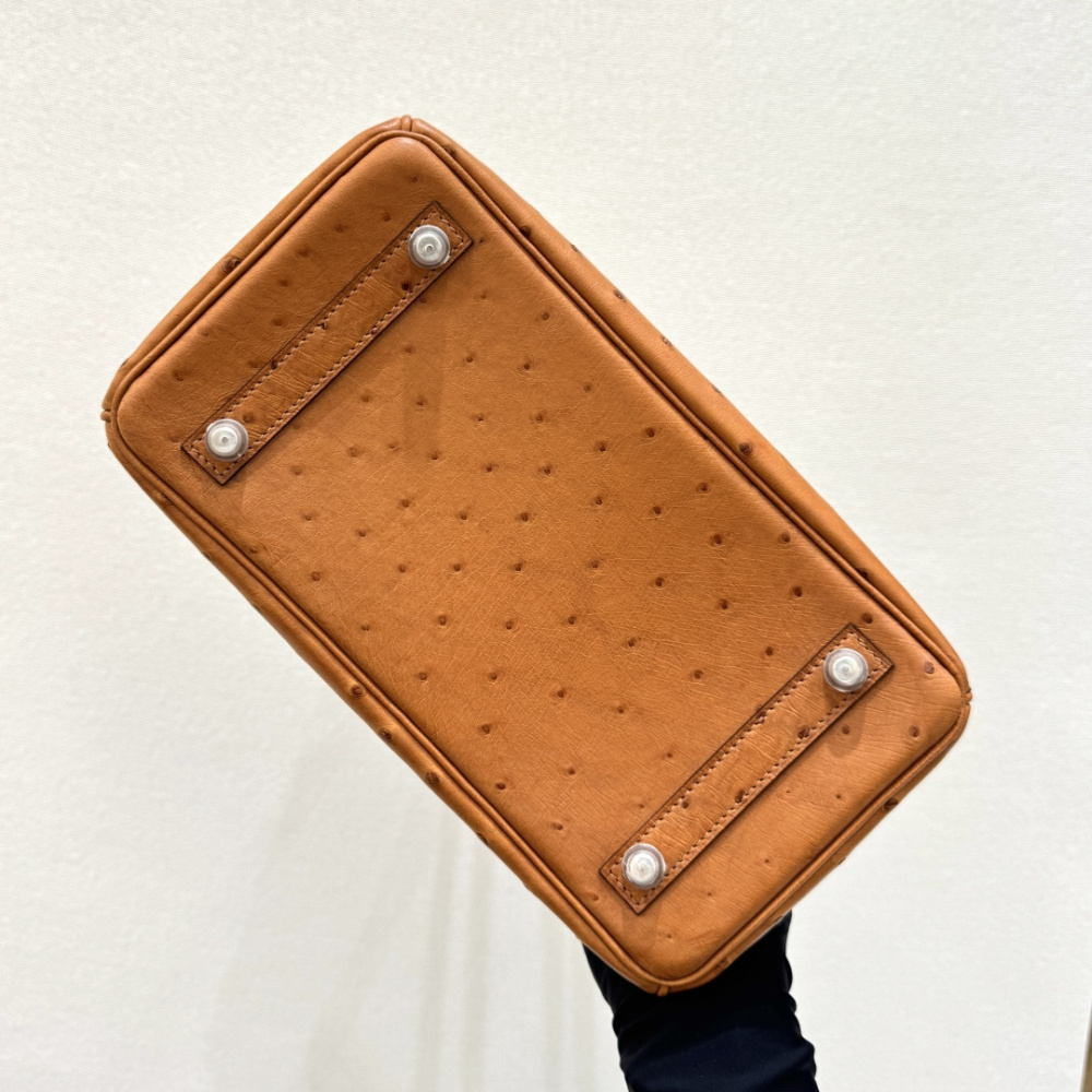 The Hermès Birkin 30 handbag in Ostrich leather—rendered in the "Gold" shade (also known as "Gold Brown" or "Caramel") and accented with silver hardware—is a classic model from the brand and a highly collectible, rare-skin edition.