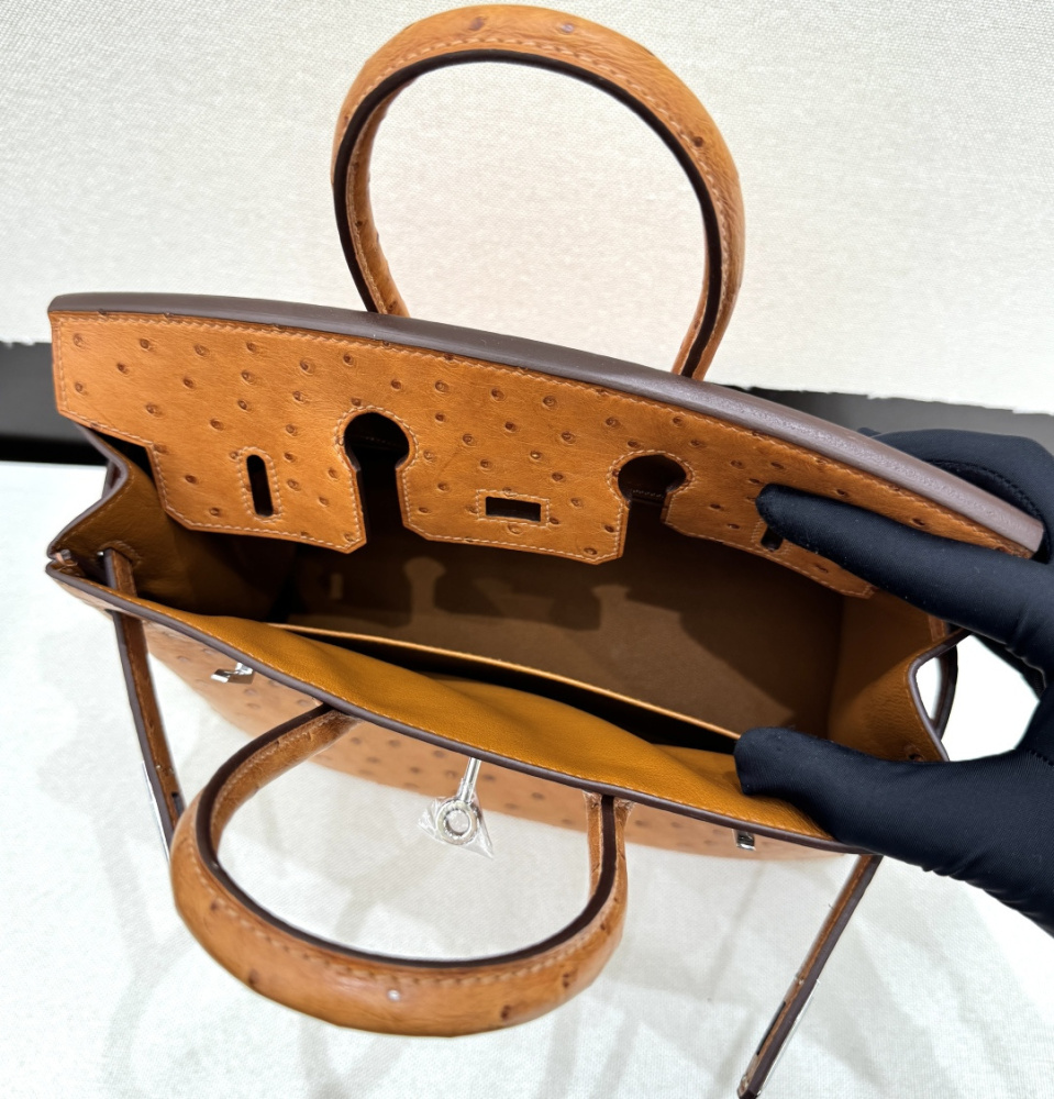 The Hermès Birkin 30 handbag in Ostrich leather—rendered in the "Gold" shade (also known as "Gold Brown" or "Caramel") and accented with silver hardware—is a classic model from the brand and a highly collectible, rare-skin edition.