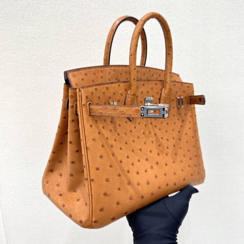 The Hermès Birkin 30 handbag in Ostrich leather—rendered in the "Gold" shade (also known as "Gold Brown" or "Caramel") and accented with silver hardware—is a classic model from the brand and a highly collectible, rare-skin edition.