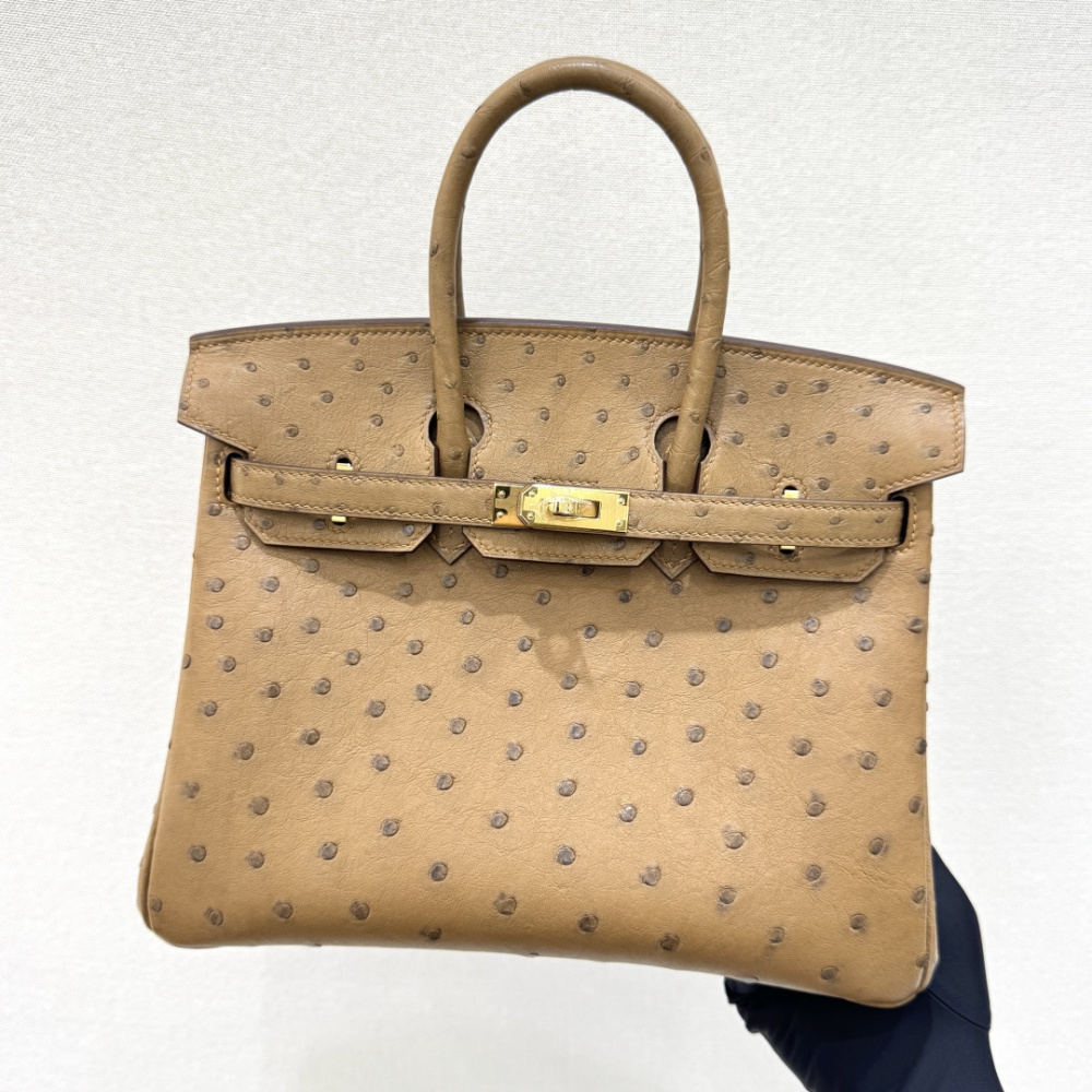 The Hermès Birkin 30 in Ostrich leather—in the "Milk Tea" shade (also known as "Light Camel" or "Sand") paired with gold hardware—stands as one of the quintessential examples of rare-skin handbags with a soft, gentle aesthetic.
