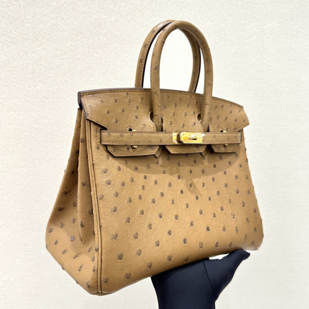 The Hermès Birkin 30 in Ostrich leather—in the "Milk Tea" shade (also known as "Light Camel" or "Sand") paired with gold hardware—stands as one of the quintessential examples of rare-skin handbags with a soft, gentle aesthetic.