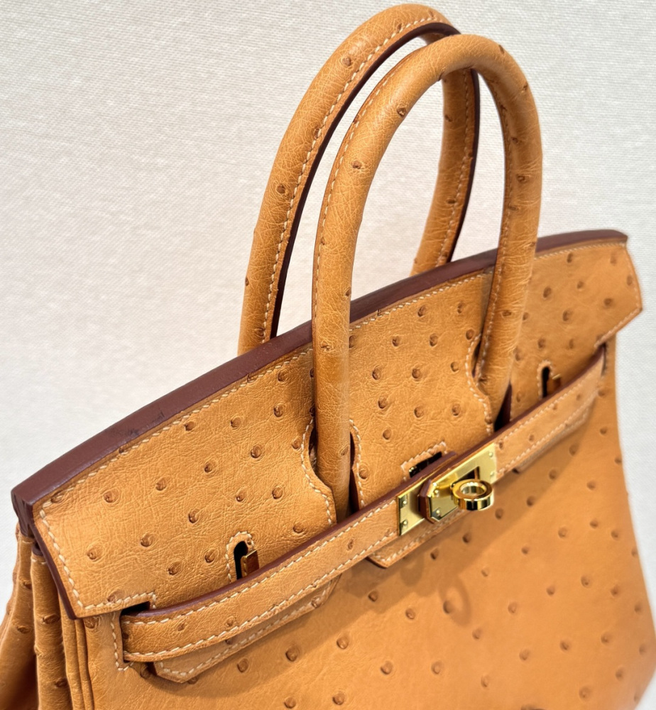 The Hermès Birkin 30 in Ostrich leather—featuring the classic Gold hue (also known as "Naturel" or "Honey") paired with gold hardware—stands as one of the most iconic and enduring "evergreen" models among Hermès' exotic skins.