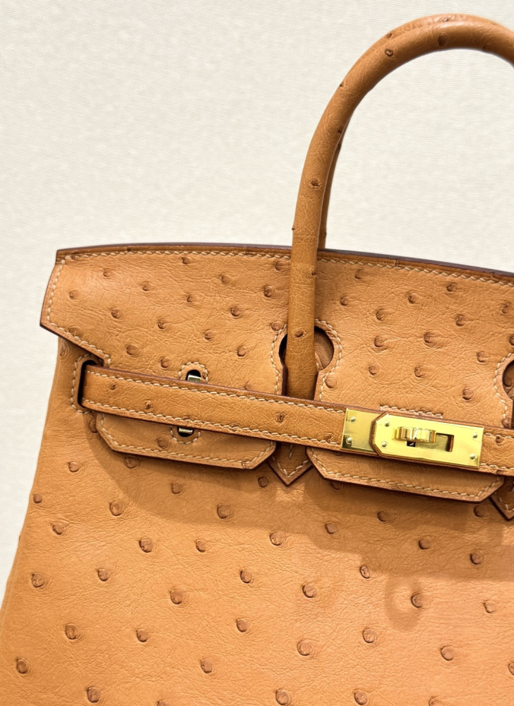 The Hermès Birkin 30 in Ostrich leather—featuring the classic Gold hue (also known as "Naturel" or "Honey") paired with gold hardware—stands as one of the most iconic and enduring "evergreen" models among Hermès' exotic skins.