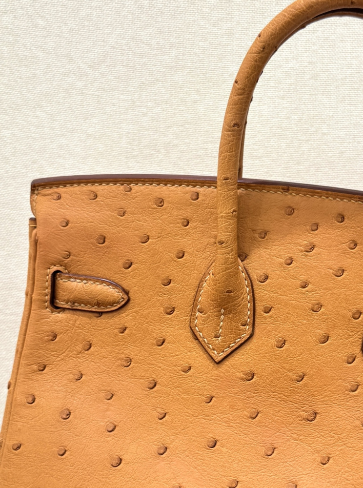 The Hermès Birkin 30 in Ostrich leather—featuring the classic Gold hue (also known as "Naturel" or "Honey") paired with gold hardware—stands as one of the most iconic and enduring "evergreen" models among Hermès' exotic skins.