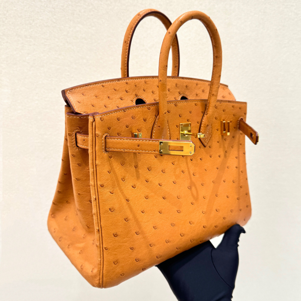 The Hermès Birkin 30 in Ostrich leather—featuring the classic Gold hue (also known as "Naturel" or "Honey") paired with gold hardware—stands as one of the most iconic and enduring "evergreen" models among Hermès' exotic skins.