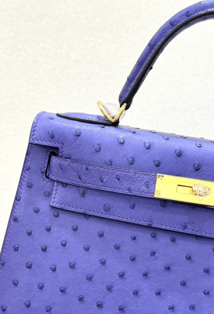 The Hermès Mini Kelly II handbag in ostrich leather—featuring a striking shade of purple (Iris/Electric Purple) paired with gold hardware—stands out as a highly distinctive and exclusive piece among Hermès' rare-skin offerings.