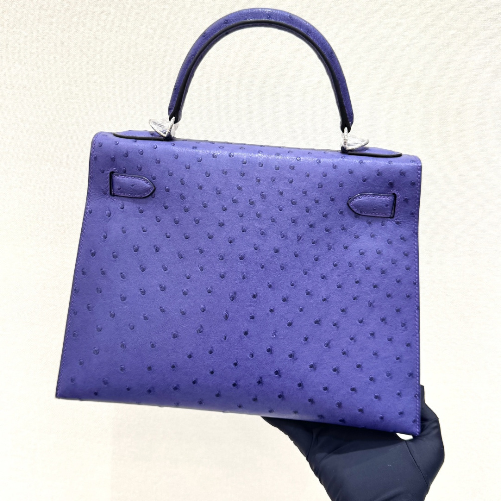 The Hermès Mini Kelly II handbag in ostrich leather—featuring a striking shade of purple (Iris/Electric Purple) paired with gold hardware—stands out as a highly distinctive and exclusive piece among Hermès' rare-skin offerings.