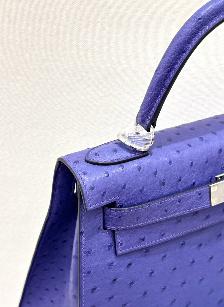 The Hermès Mini Kelly II handbag in ostrich leather—featuring a striking shade of purple (Iris/Electric Purple) paired with gold hardware—stands out as a highly distinctive and exclusive piece among Hermès' rare-skin offerings.