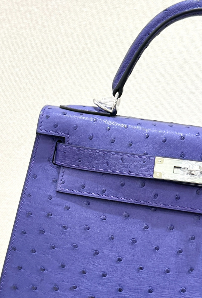 The Hermès Mini Kelly II handbag in ostrich leather—featuring a striking shade of purple (Iris/Electric Purple) paired with gold hardware—stands out as a highly distinctive and exclusive piece among Hermès' rare-skin offerings.