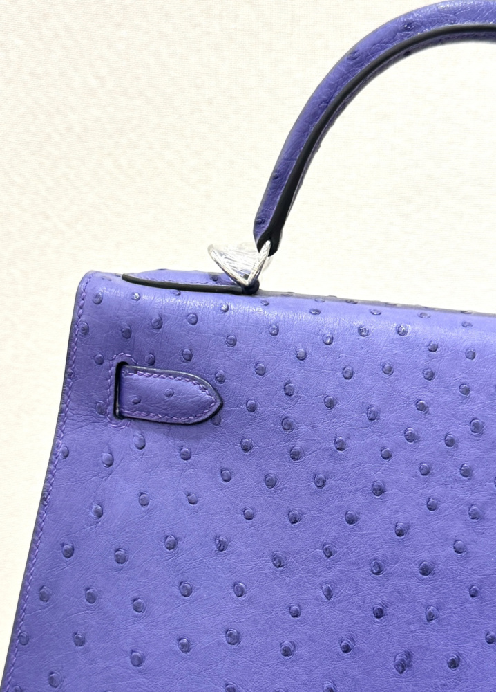 The Hermès Mini Kelly II handbag in ostrich leather—featuring a striking shade of purple (Iris/Electric Purple) paired with gold hardware—stands out as a highly distinctive and exclusive piece among Hermès' rare-skin offerings.