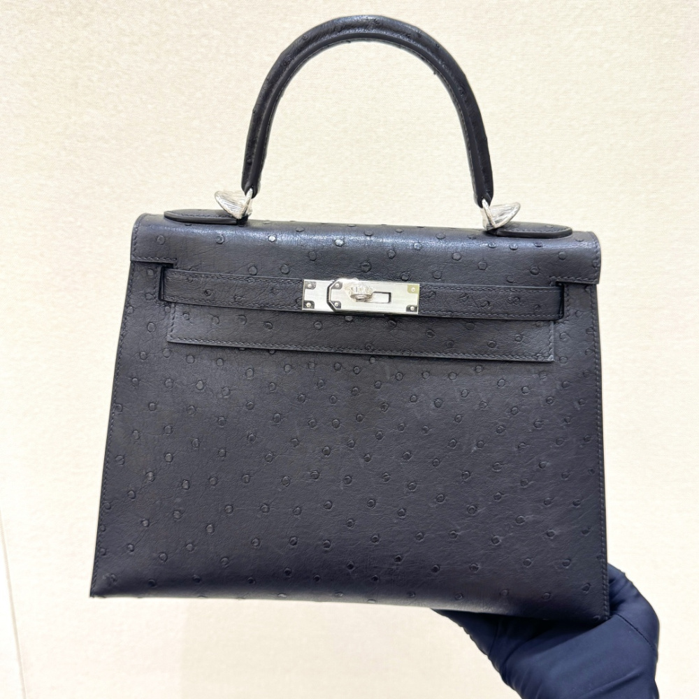 The Hermès Kelly 25 handbag in ostrich leather—featuring a classic black finish paired with silver hardware—stands as one of the "hard currencies" among Hermès' exotic skins, offering a rare blend of both practicality and collectible value.