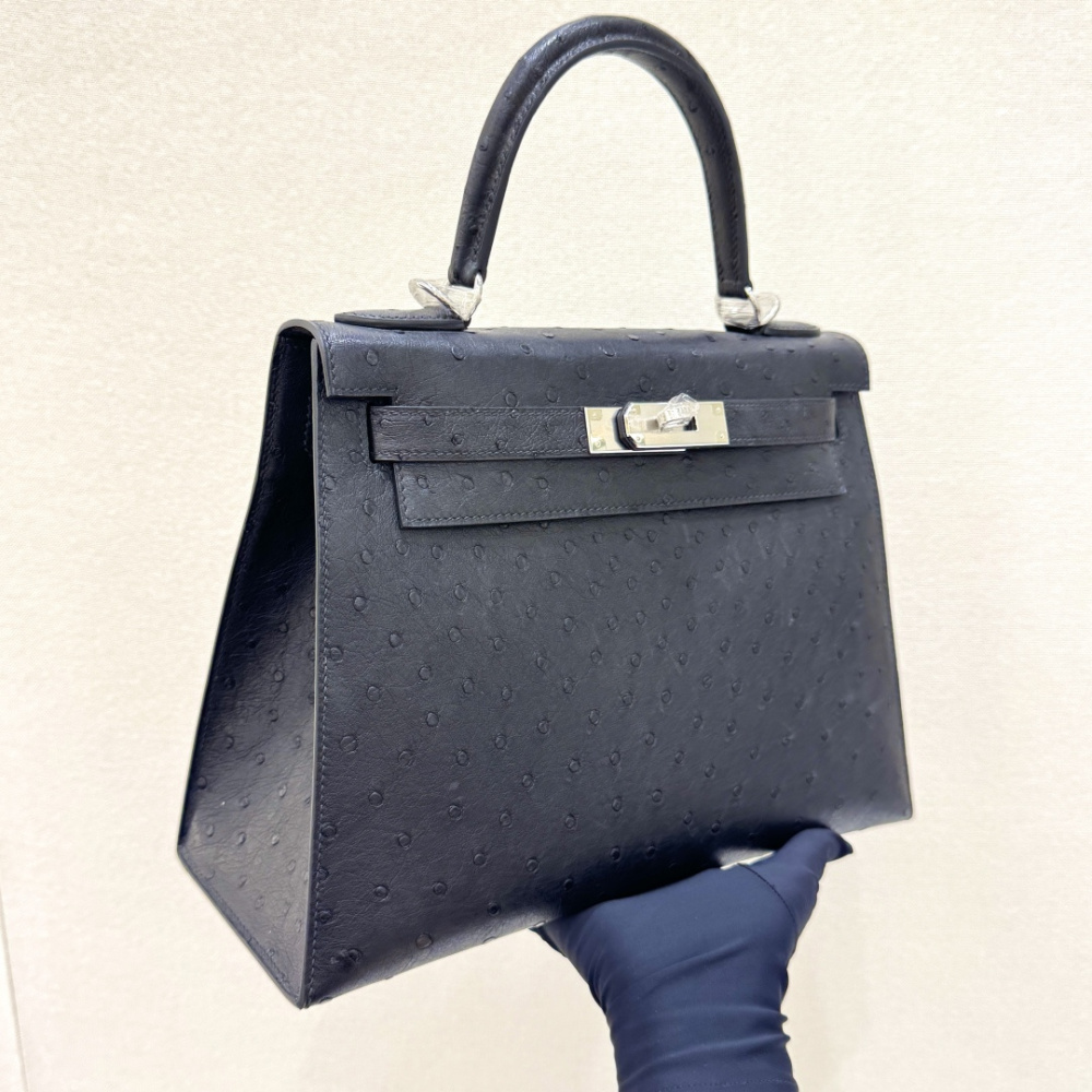 The Hermès Kelly 25 handbag in ostrich leather—featuring a classic black finish paired with silver hardware—stands as one of the "hard currencies" among Hermès' exotic skins, offering a rare blend of both practicality and collectible value.