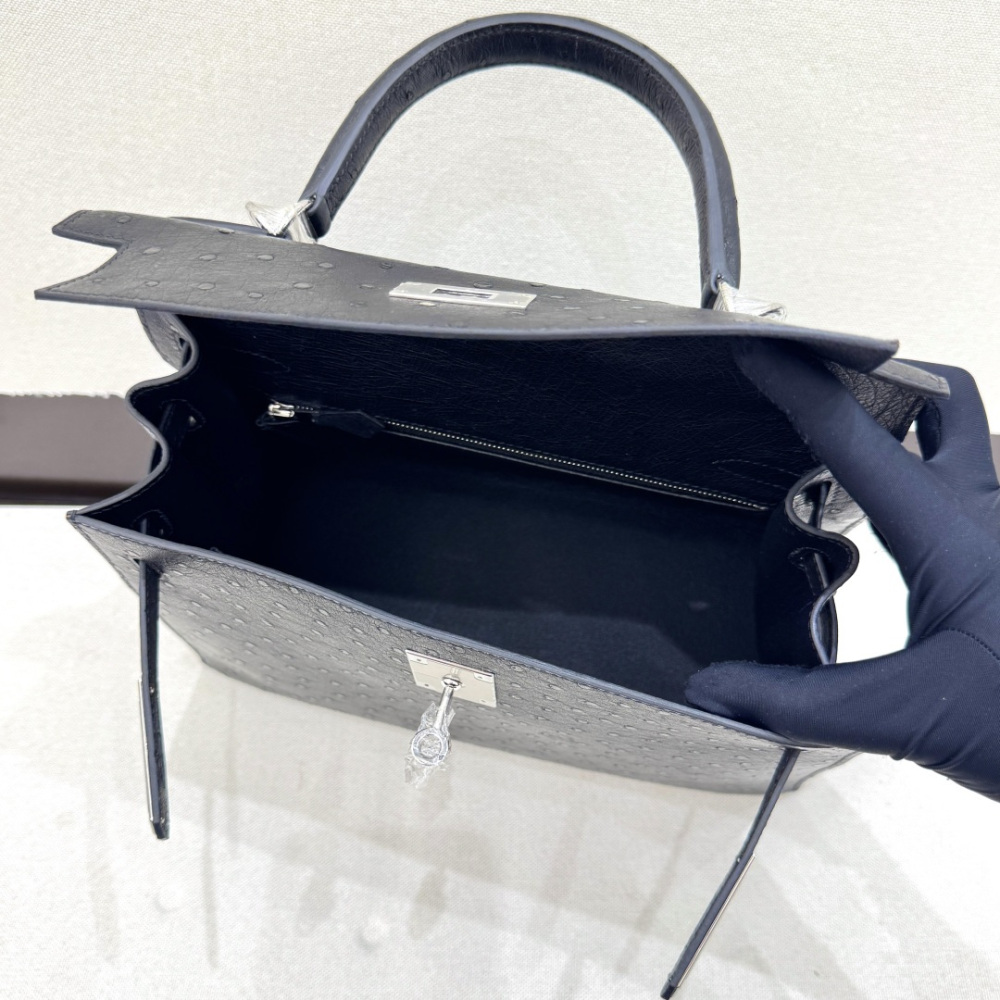 The Hermès Kelly 25 handbag in ostrich leather—featuring a classic black finish paired with silver hardware—stands as one of the "hard currencies" among Hermès' exotic skins, offering a rare blend of both practicality and collectible value.
