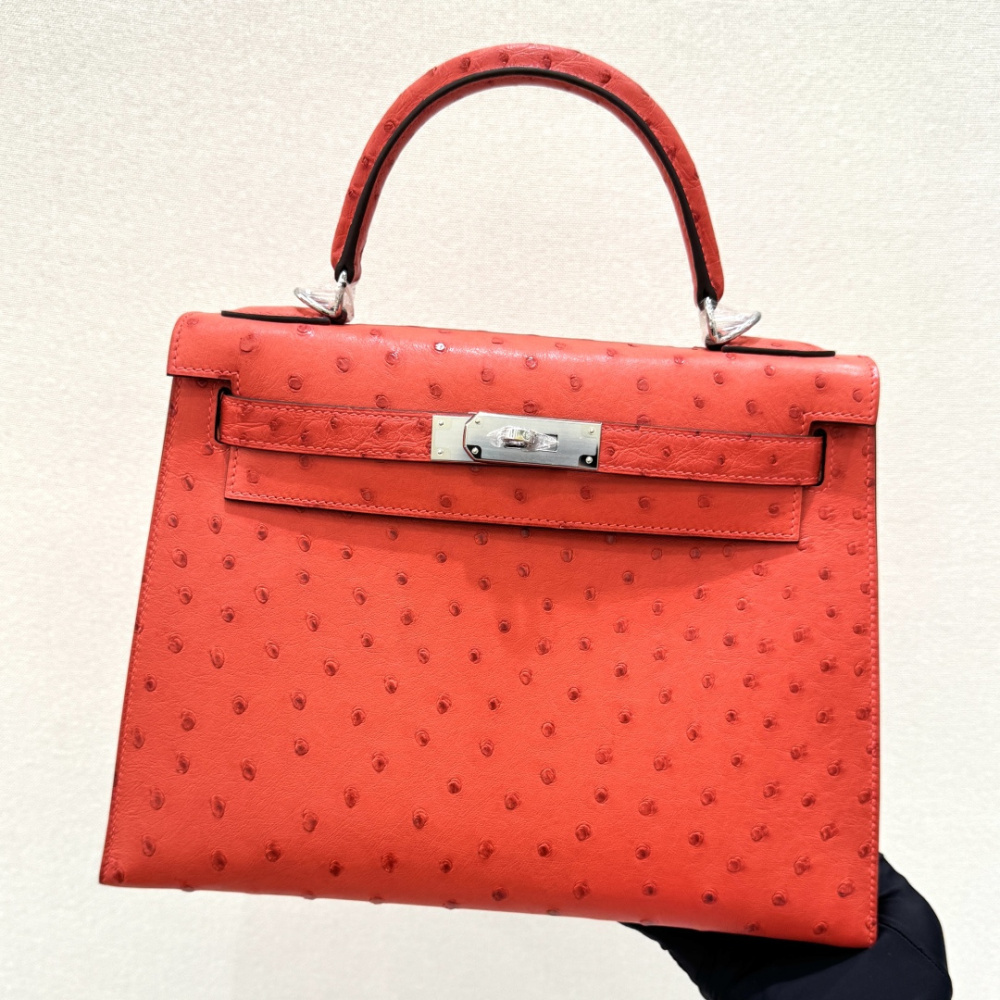 The Hermès Kelly 25 handbag in ostrich leather—featuring a striking orange-red hue (tomato red / flame red) paired with silver hardware—stands as a highly sought-after model among Hermès' exotic skins, distinguished by its exceptional vibrancy and unmista
