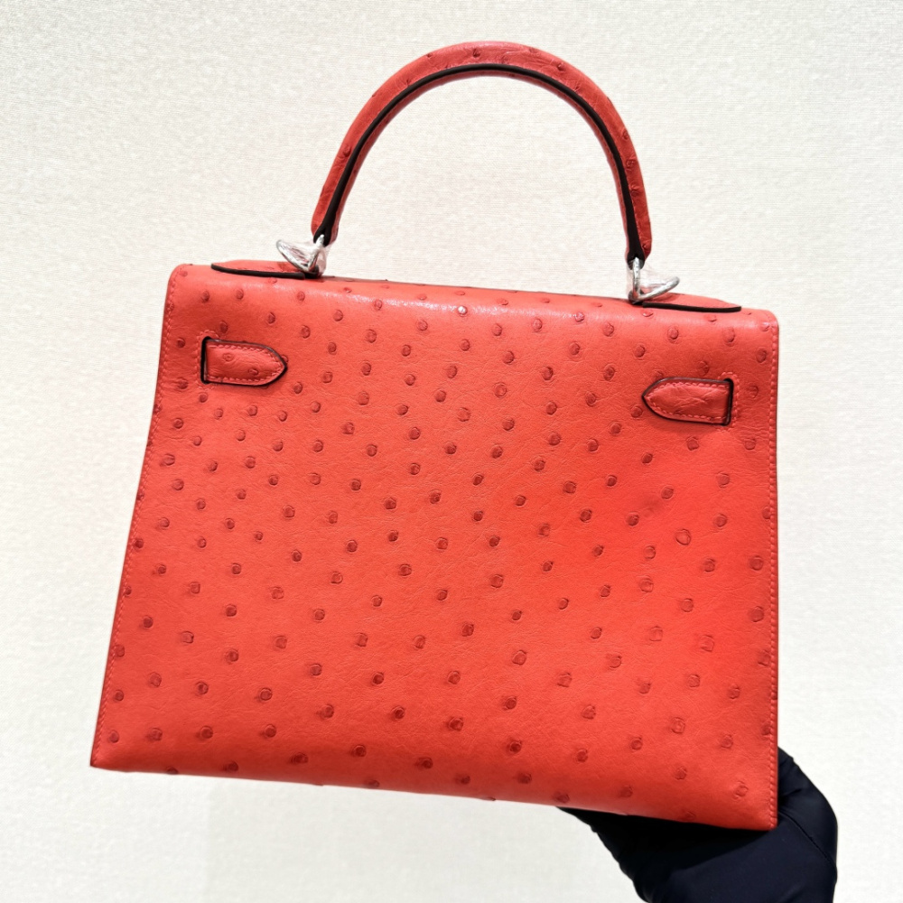 The Hermès Kelly 25 handbag in ostrich leather—featuring a striking orange-red hue (tomato red/flame red) paired with silver hardware—stands out as a highly vibrant, instantly recognizable, and sought-after model among Hermès' exotic leather offerings.