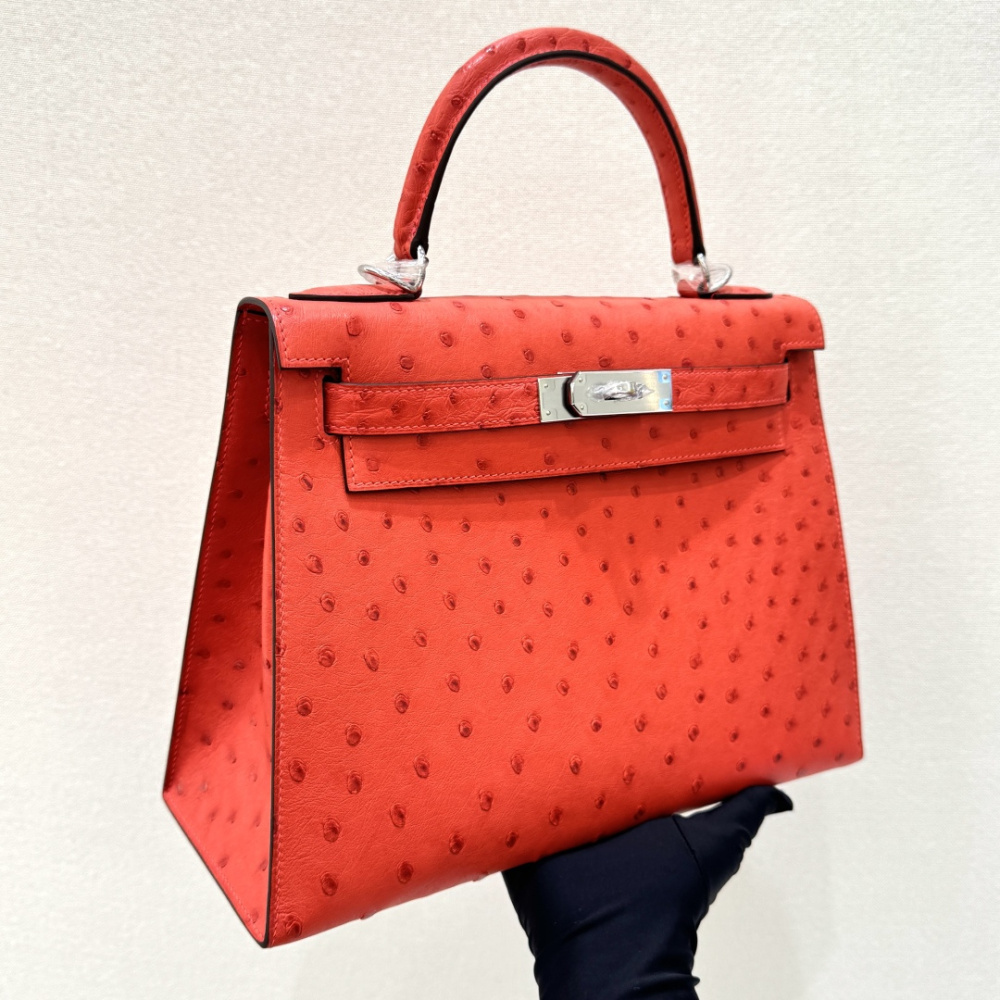 The Hermès Kelly 25 handbag in ostrich leather—featuring a striking orange-red hue (tomato red/flame red) paired with silver hardware—stands out as a highly vibrant, instantly recognizable, and sought-after model among Hermès' exotic leather offerings.