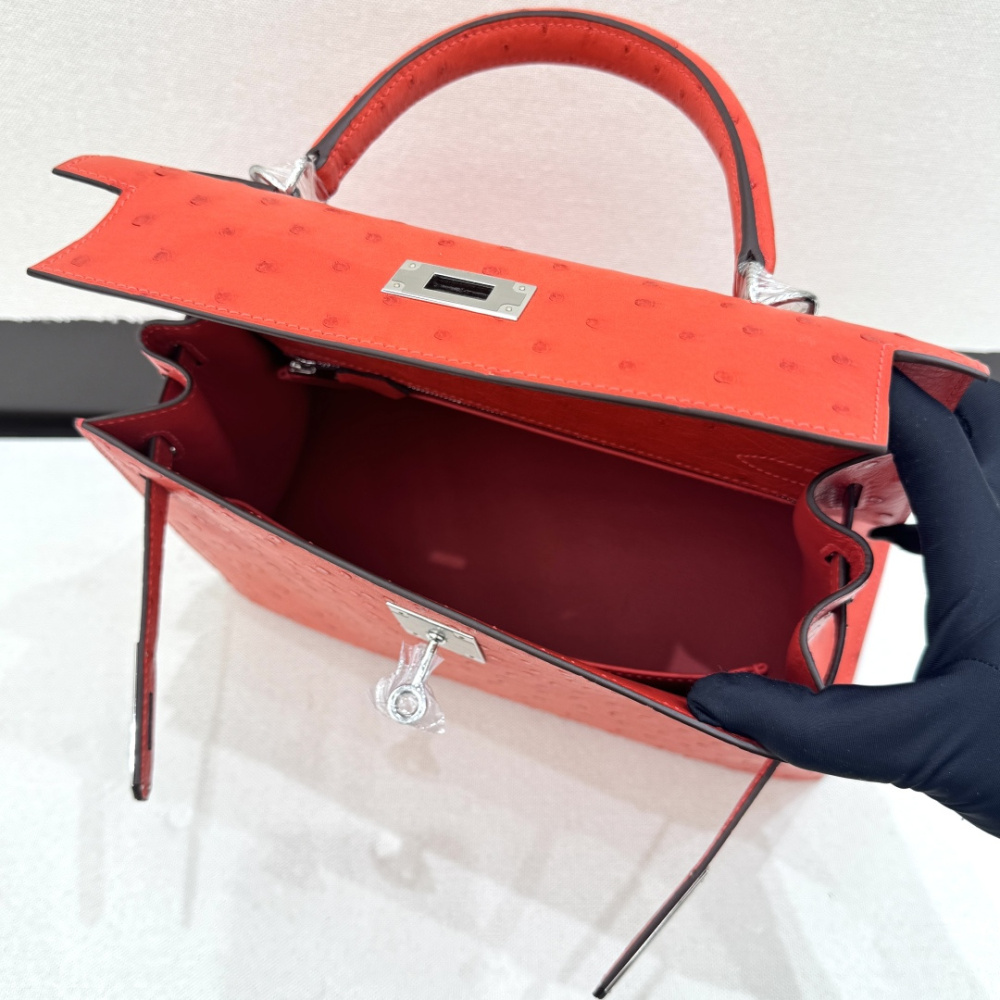 The Hermès Kelly 25 handbag in ostrich leather—featuring a striking orange-red hue (tomato red / flame red) paired with silver hardware—stands as a highly sought-after model among Hermès' exotic skins, distinguished by its exceptional vibrancy and unmista
