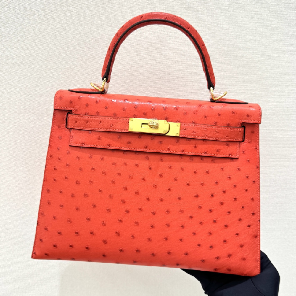 The Hermès Kelly 25 handbag in ostrich leather—featuring a striking orange-red hue (tomato red/flame red) paired with silver hardware—stands out as a highly vibrant, instantly recognizable, and sought-after model among Hermès' exotic leather offerings.