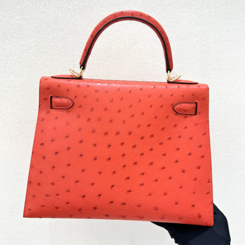 The Hermès Kelly 25 handbag in ostrich leather—featuring a striking orange-red hue (tomato red/flame red) paired with silver hardware—stands out as a highly vibrant, instantly recognizable, and sought-after model among Hermès' exotic leather offerings.
