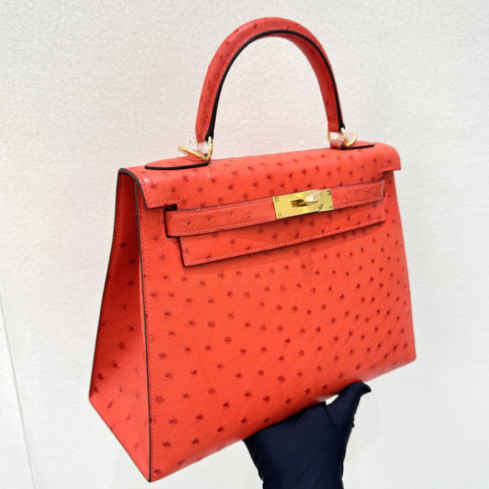 The Hermès Kelly 25 handbag in ostrich leather—featuring a striking orange-red hue (tomato red/flame red) paired with silver hardware—stands out as a highly vibrant, instantly recognizable, and sought-after model among Hermès' exotic leather offerings.